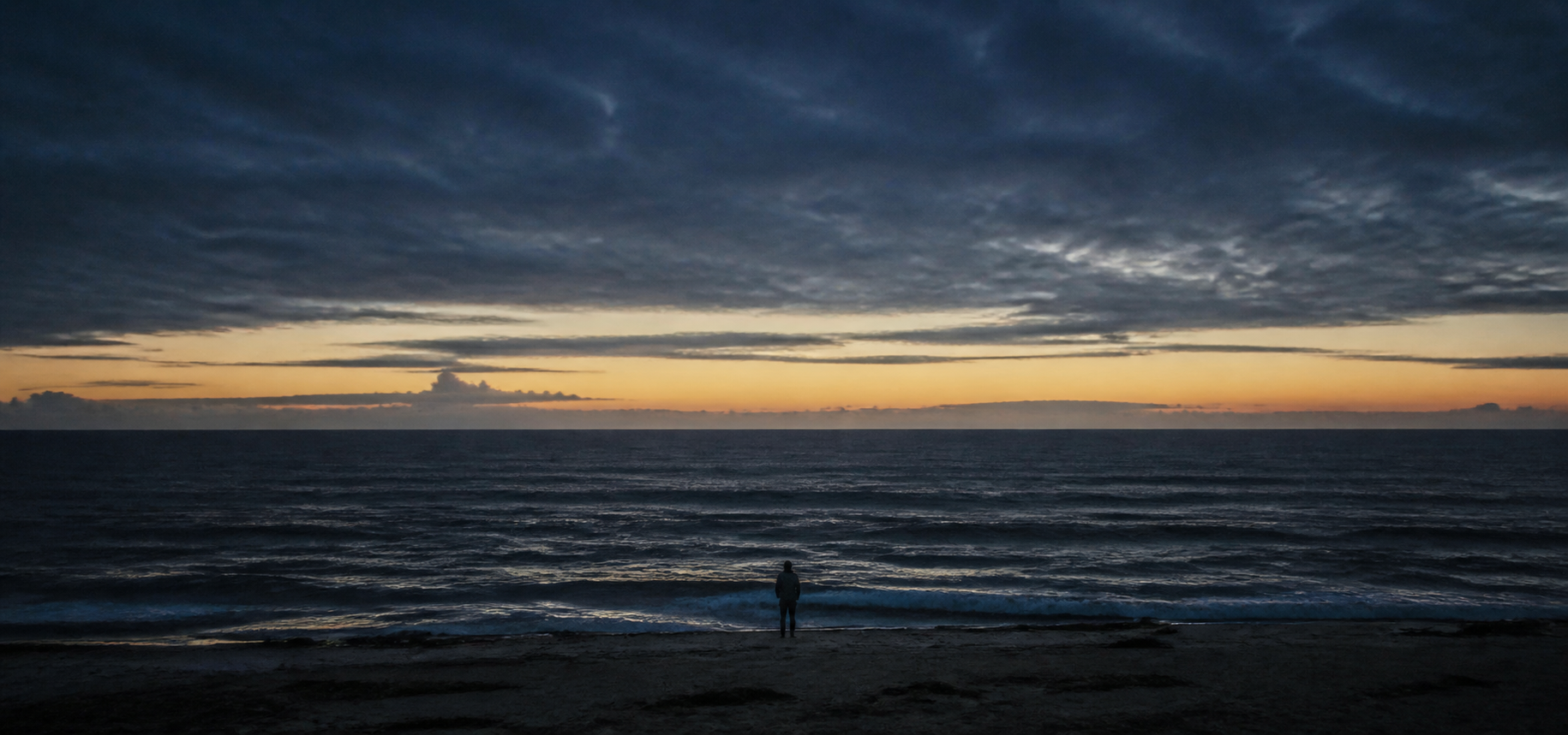 A lone figure facing a vast ocean at dawn